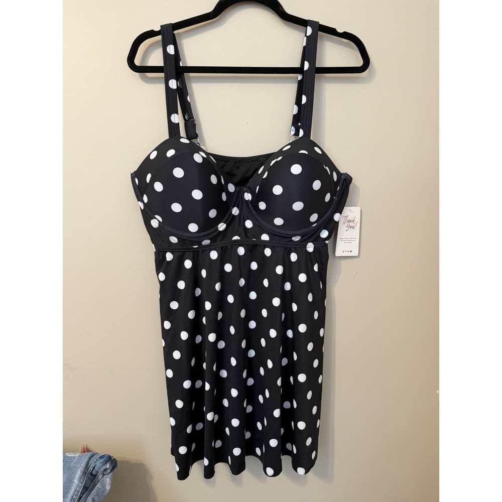 Women's Swim Black and White Polka Dots Swim Dress Tankini Size 2XL NWT